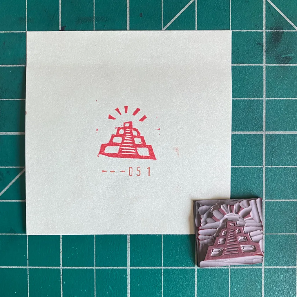 On a teal grid, a white card displays a red drawing of a stepped pyramid and the numbers --051, next to a small, textured, reddish-brown pyramid object.