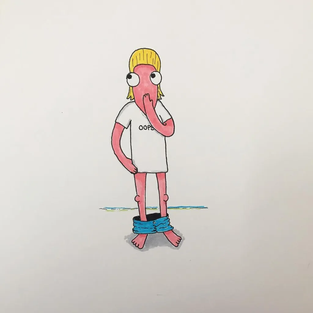 A cartoon drawing of a pink-skinned figure with blonde hair, wearing a white t-shirt marked OOPS. The figure stands with blue ankle wraps, posing with one hand near its mouth.