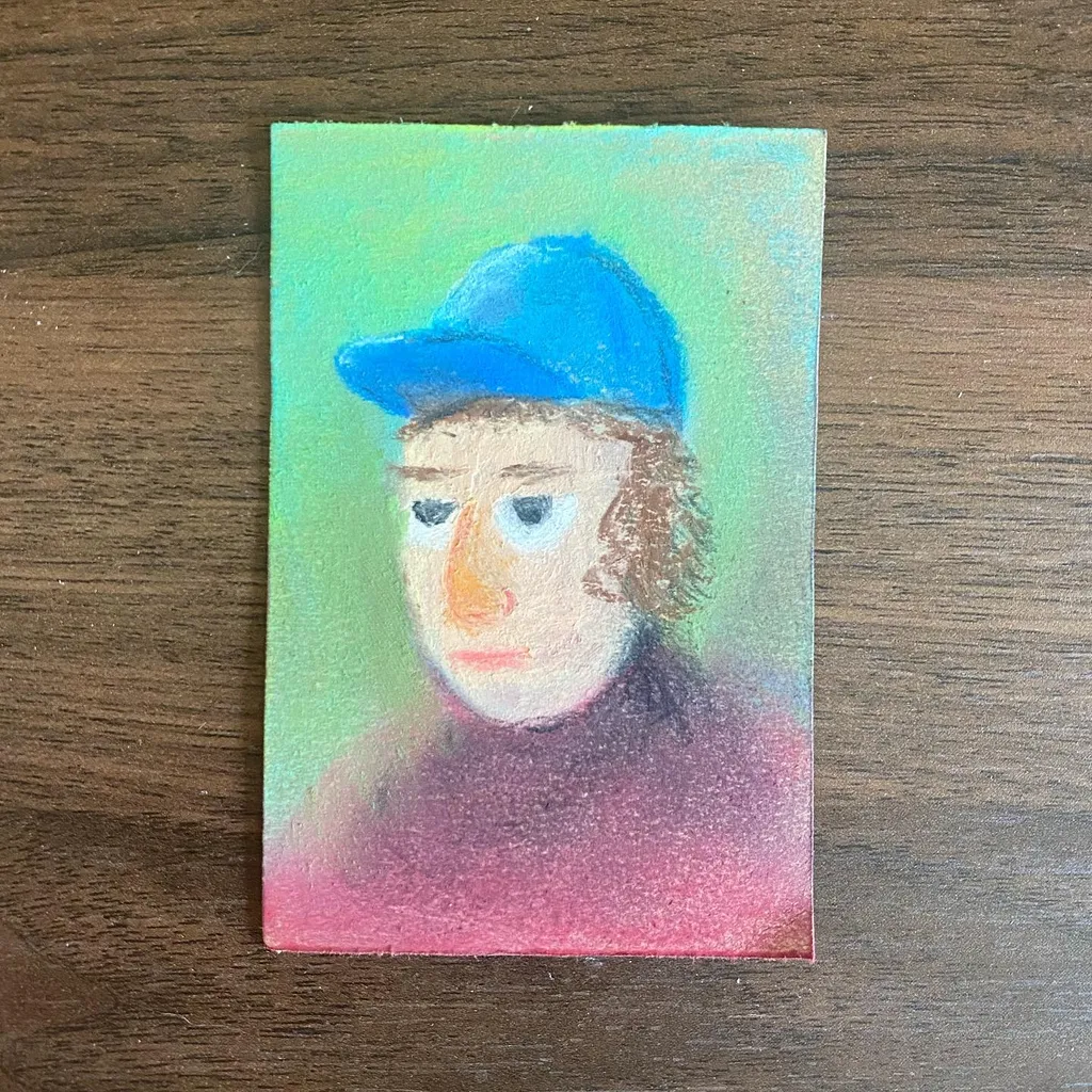 Head and shoulders portrait featuring a subject in a blue cap against a light green background, with the lower body painted in blended pink and magenta hues.