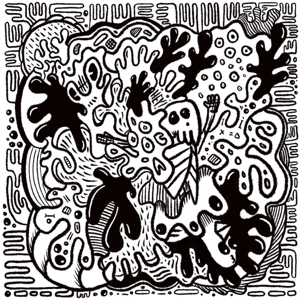 High-contrast black and white drawing of a dense, chaotic composition featuring stylized monstrous figures, claws, and organic shapes filled with intricate patterns and thick outlines.