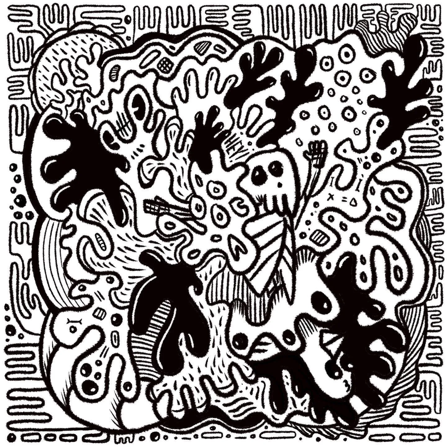 High-contrast black and white drawing of a dense, chaotic composition featuring stylized monstrous figures, claws, and organic shapes filled with intricate patterns and thick outlines.