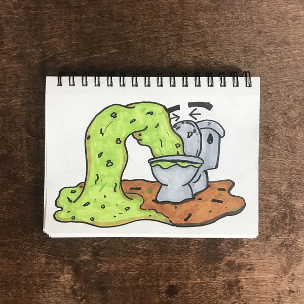 A cartoon drawing features a bright green, blob-like substance surrounding a gray bowl and two gray figures standing on a brown patch of ground, with black arrows suggesting movement.