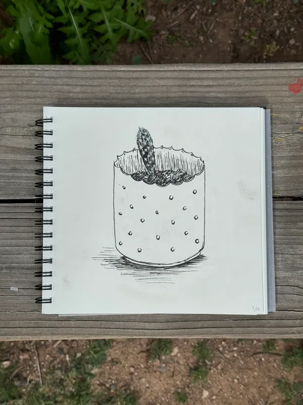 A black and white sketch shows a glass filled with dark, textured sediment and several small, scattered dots in the liquid.