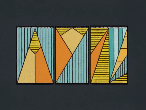 Three vertical panels display geometric compositions using mustard yellow, burnt orange, and teal blue, all set against striped backgrounds, with shapes outlined in black.