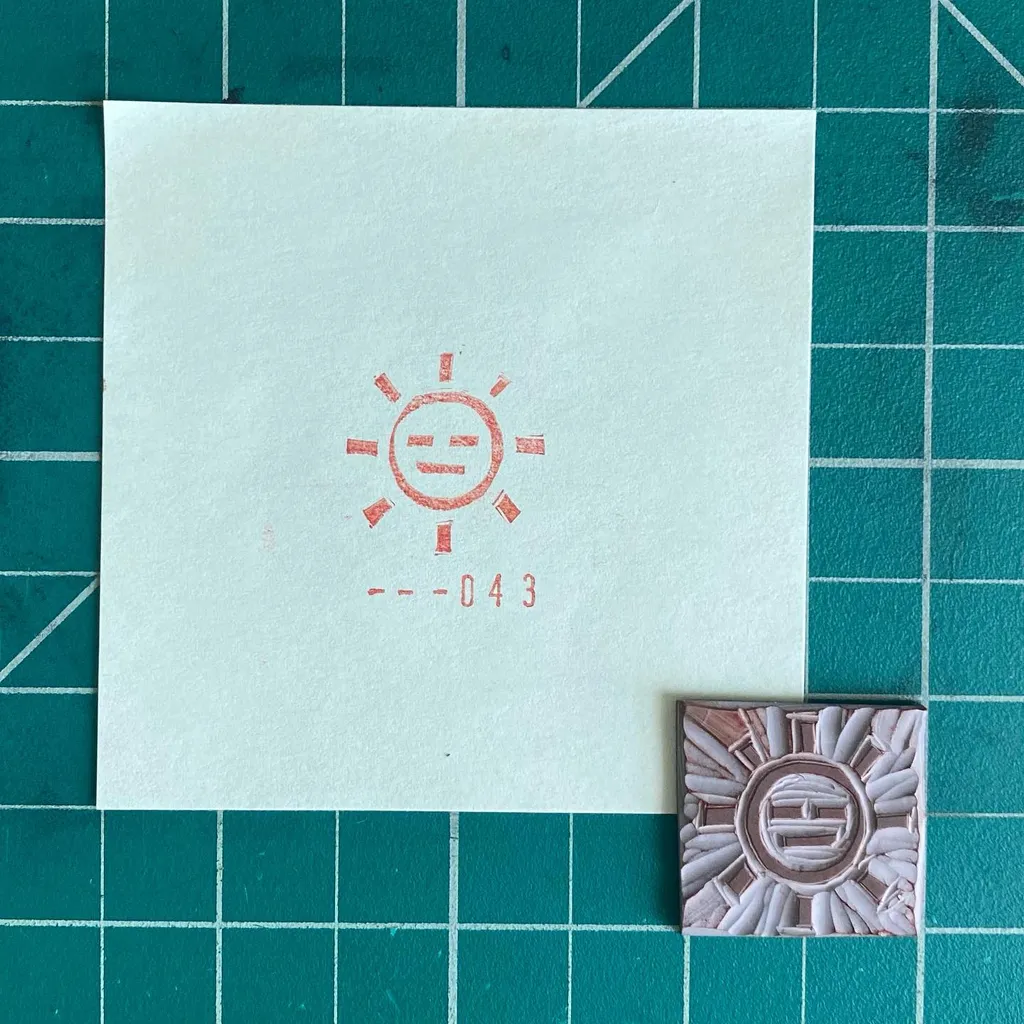 A white paper on a teal grid displays a red sun symbol and the number -043, next to a small, carved square object featuring a central circular design and a stylized letter D.