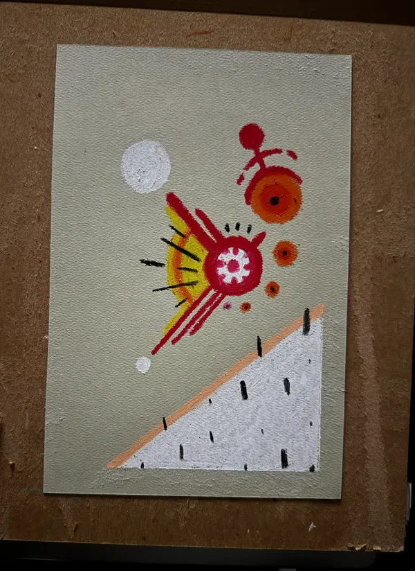 On a muted green background, a large white triangle occupies the bottom half, while the upper section features abstract red, orange, and yellow circular forms and radiating lines.