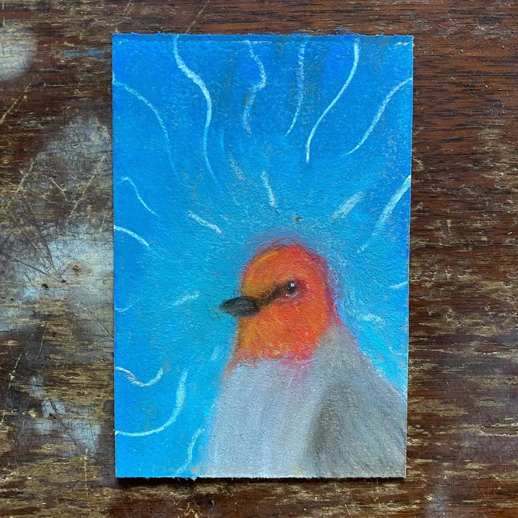 A vertical painting of a red-headed bird centered against a bright blue background marked by radiating white streaks, suggesting movement or energy.