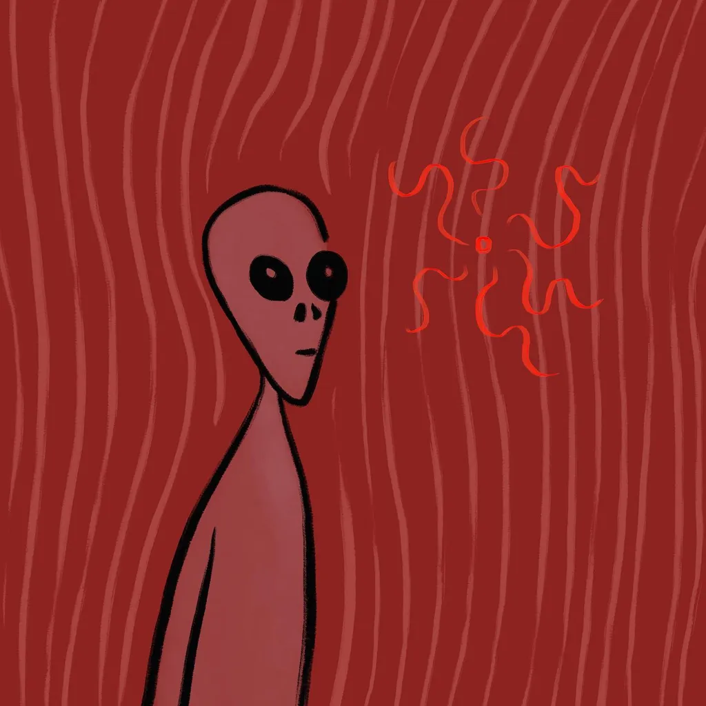 A stylized, reddish-brown humanoid figure stands against a deep red background marked with vertical waves, while abstract, wavy red lines cluster to the figure's right.