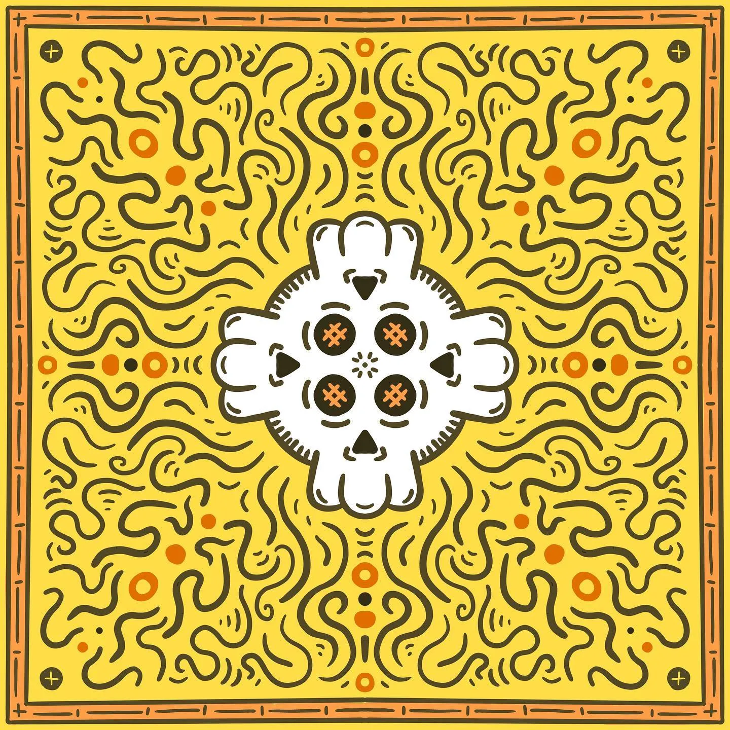 A yellow square features a central white skull surrounded by dense, swirling black and orange lines forming an intricate maze pattern, all contained within a thick border.