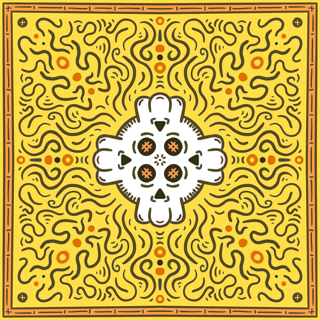 A yellow square features a central white skull surrounded by dense, swirling black and orange lines forming an intricate maze pattern, all contained within a thick border.