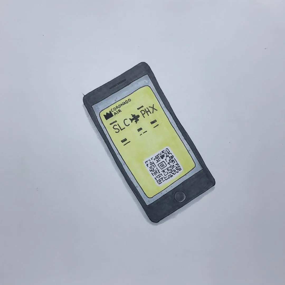 A drawing of a smartphone on a white background, featuring a yellow screen that displays the text SLC PHX, a Coronado Air logo, and a barcode.