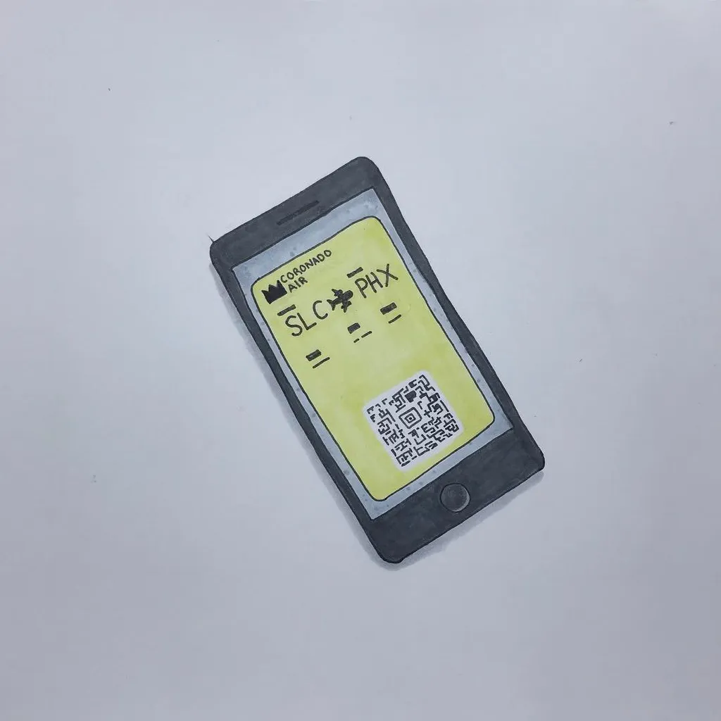 A drawing of a smartphone on a white background, featuring a yellow screen that displays the text SLC PHX, a Coronado Air logo, and a barcode.