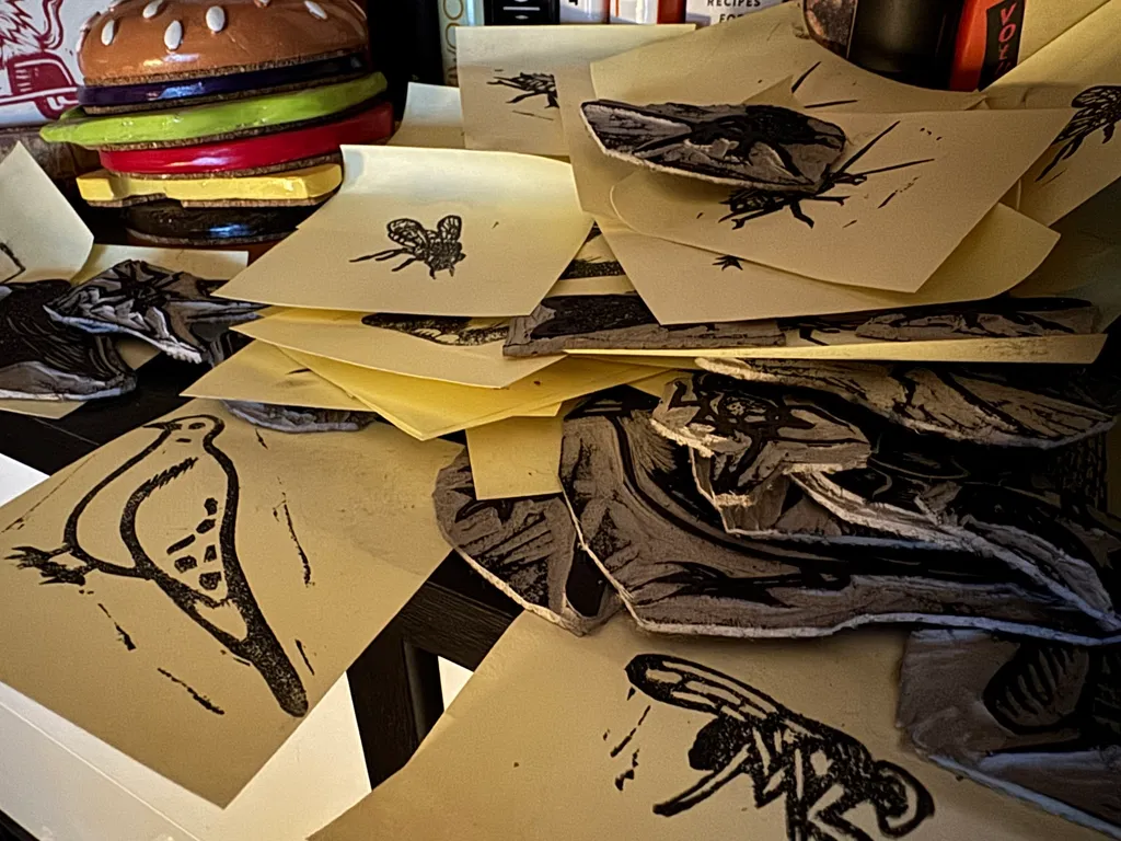 A stack of overlapping papers features various drawings of insects, including detailed black and white studies of wings and simpler sketches of flies, set against a background of muted cream and gray tones.