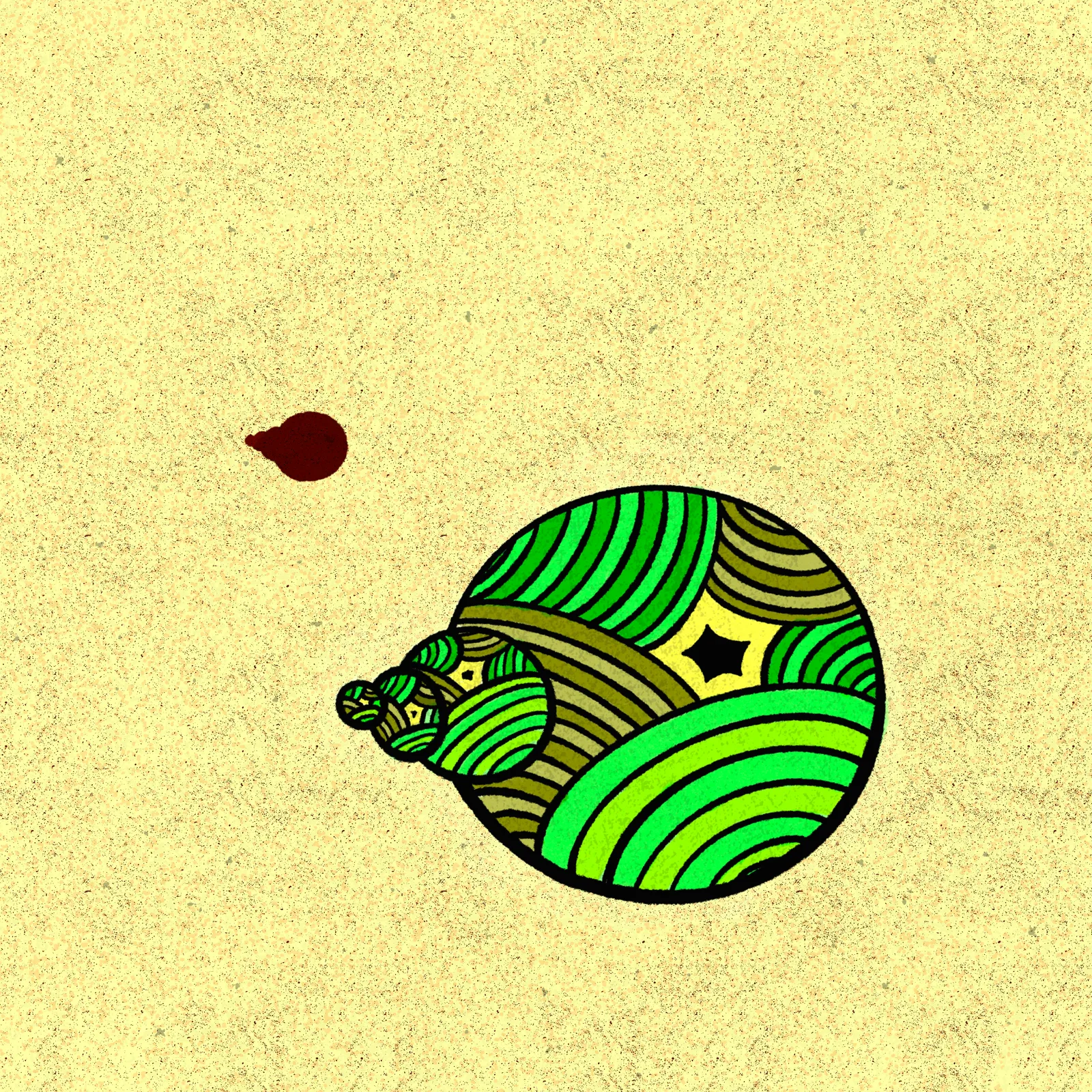 A textured beige background holds two abstract elements: a small dark reddish-brown circle and a larger, circular composition of overlapping stylized green forms with black outlines.