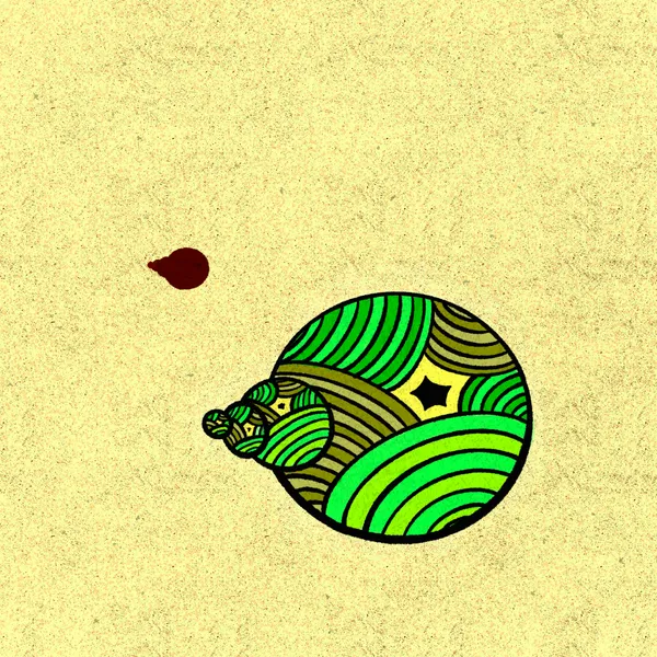 A textured beige background holds two abstract elements: a small dark reddish-brown circle and a larger, circular composition of overlapping stylized green forms with black outlines.