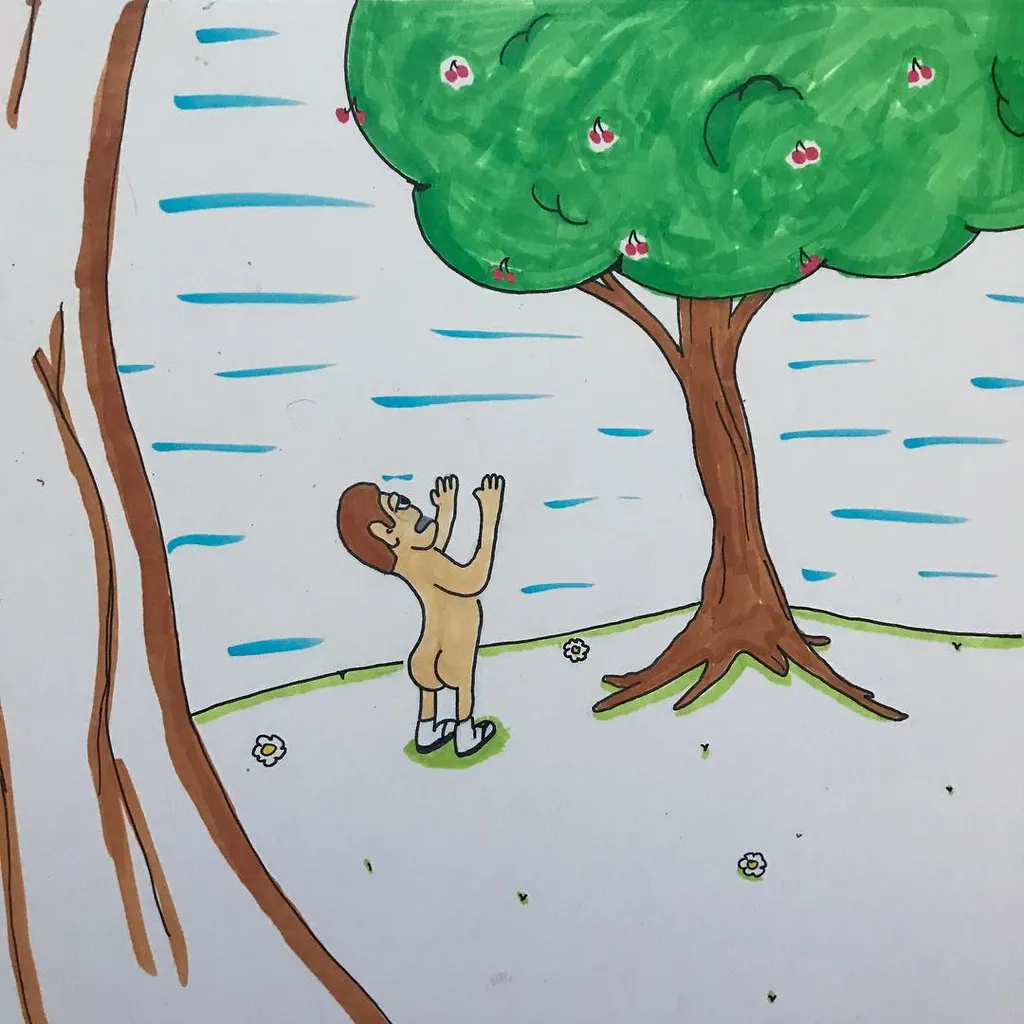 A cartoon drawing features a small, nude figure reaching up toward the canopy of a large green tree, positioned against a background of blue horizontal lines and brown trunks.