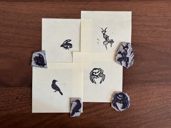 prints of a jumping spider, a finch, a praying mantis, and a beetle