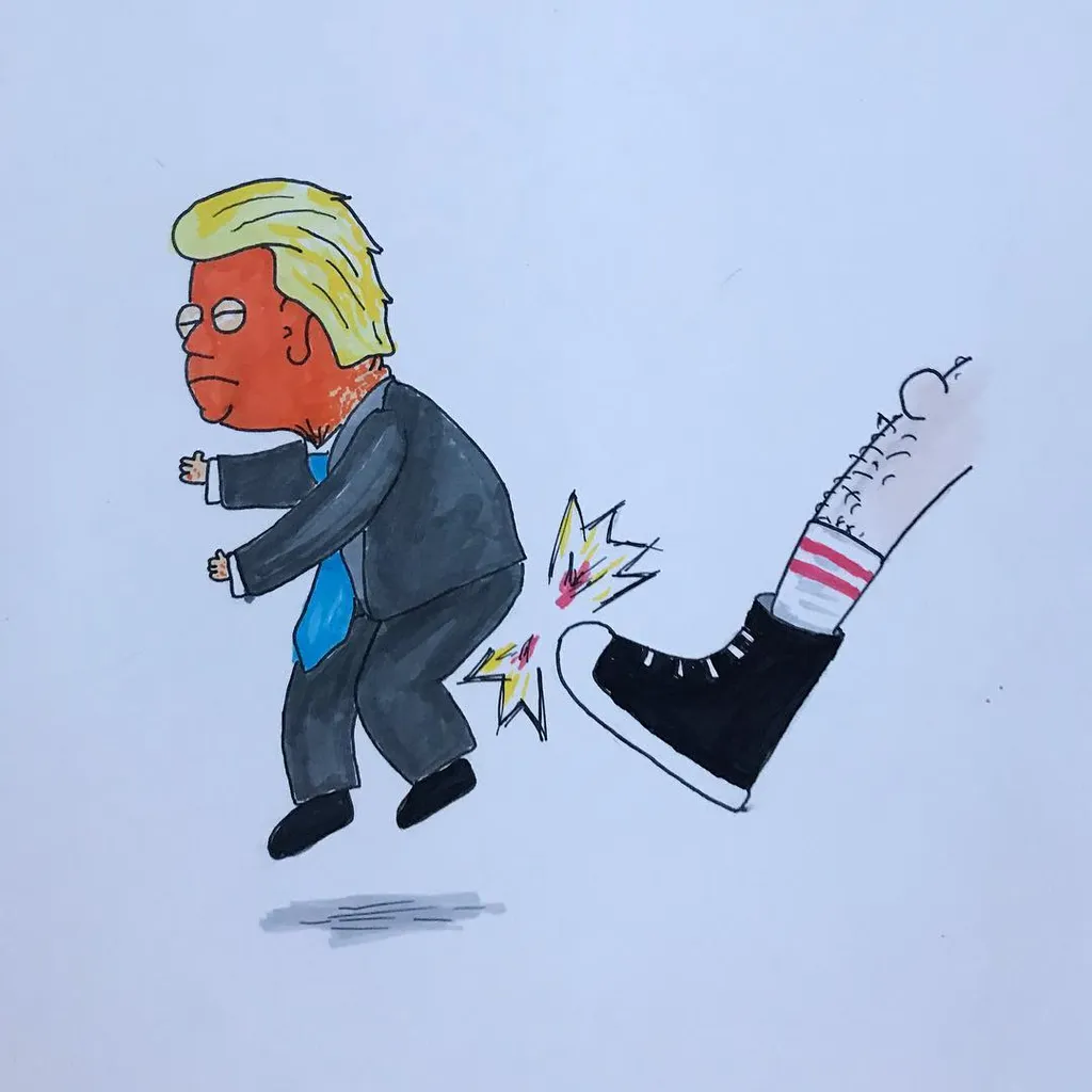 A cartoon drawing shows a man in a dark suit and blond wig, striding forward next to a detached, striped shoe, with small starburst marks around the shoe and under the man's feet.