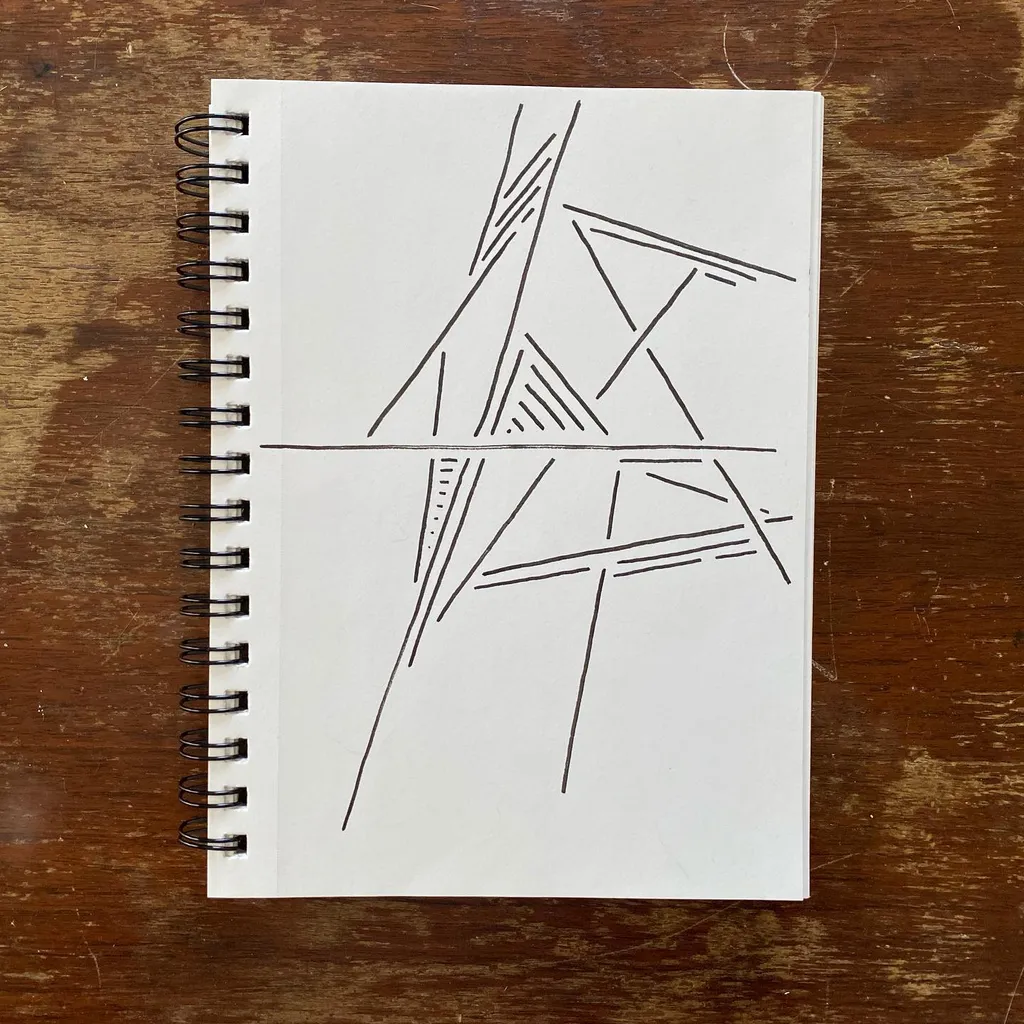 Black ink lines sketch an abstract, angular structure on white paper, depicting intersecting planes and supports divided into two sections by a horizontal line.