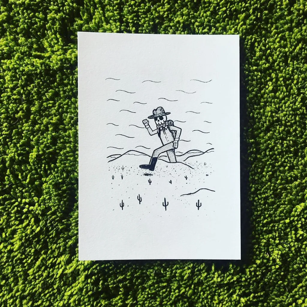 A simple black line drawing of a man in a hat walking across wavy lines, positioned on a white card against a dense, textured green background.