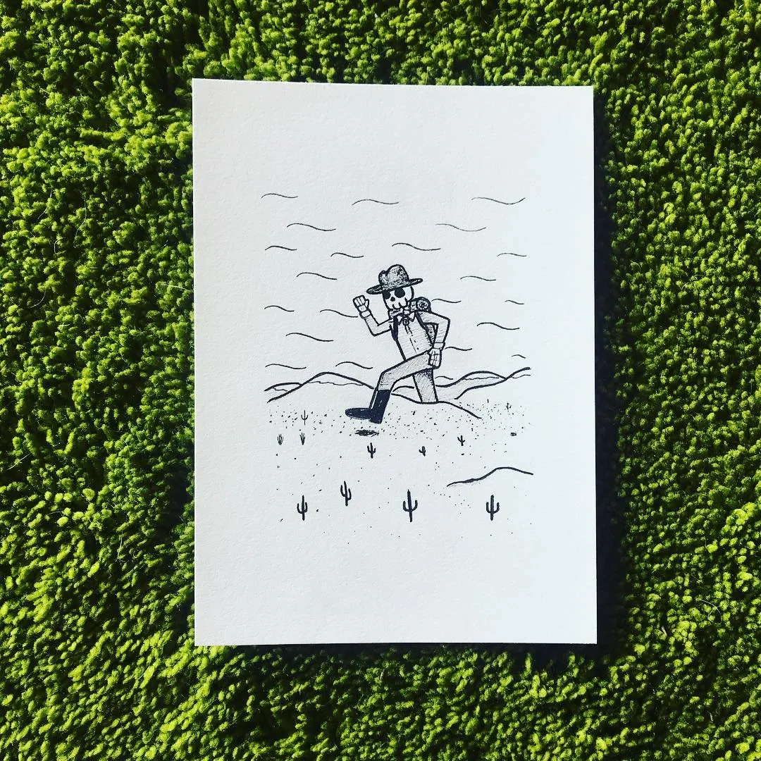 A simple black line drawing of a man in a hat walking across wavy lines, positioned on a white card against a dense, textured green background.