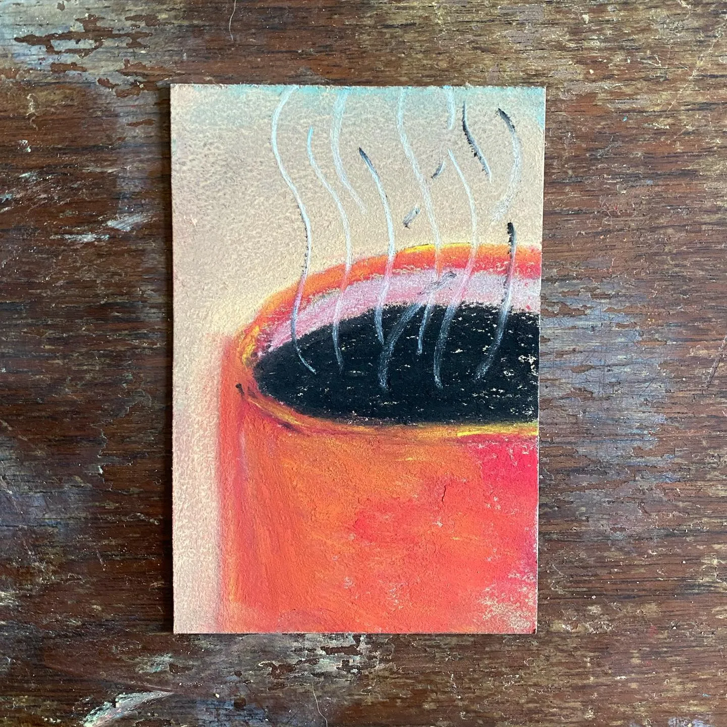 A vertical composition features a reddish-orange object with a black top section, from which thin white wavy lines rise against a light beige background.