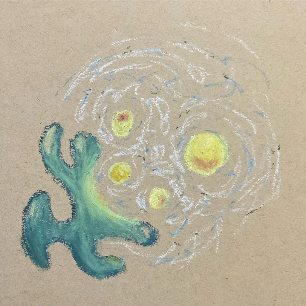 A teal, organic shape rests on the left side of the paper, balanced by a cluster of yellow circles and swirling white and light blue lines suggesting galaxies on the right.
