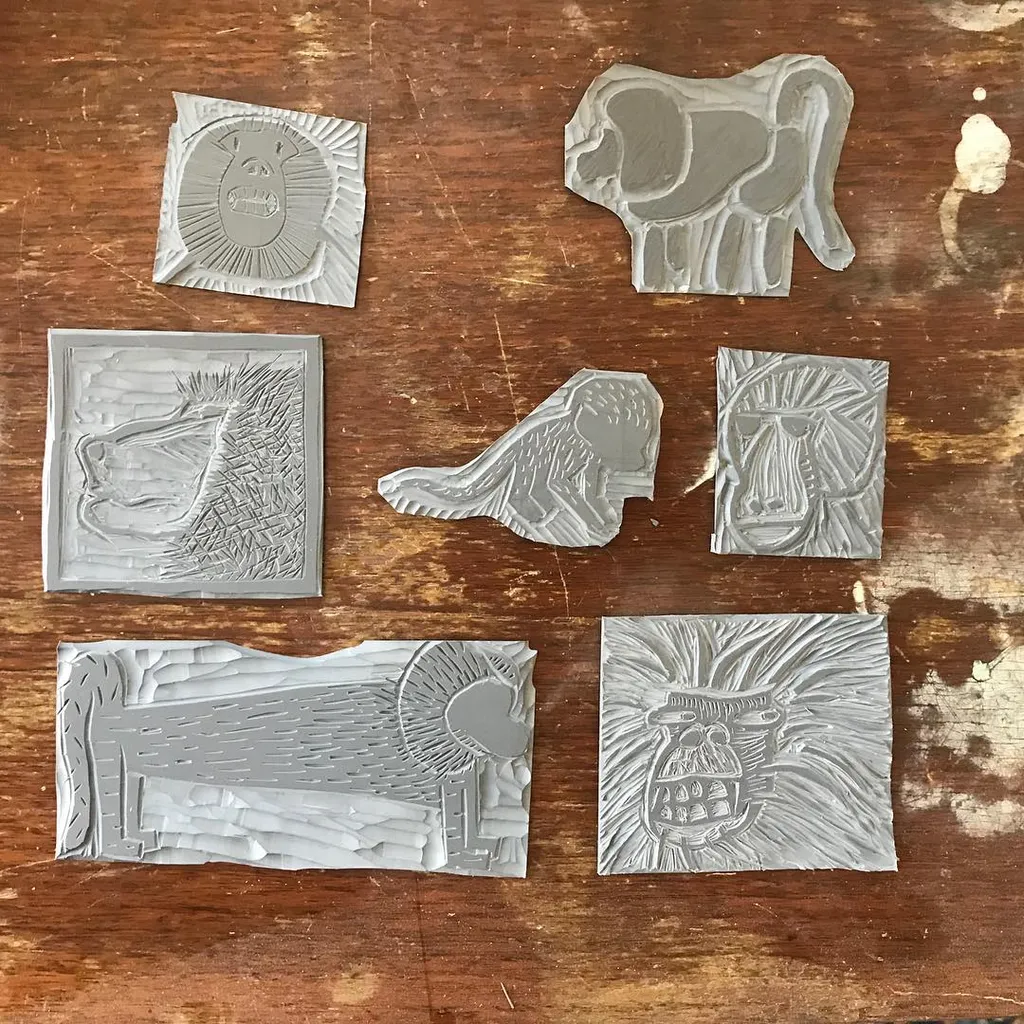 Several light gray, textured relief plaques featuring stylized masks, figures, and abstract forms are arranged on a dark brown wooden surface.
