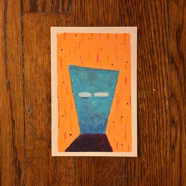 A vertical abstract composition features a bright blue trapezoid with two light bands resting on a dark brown base, set against a vibrant orange background marked with vertical strokes.