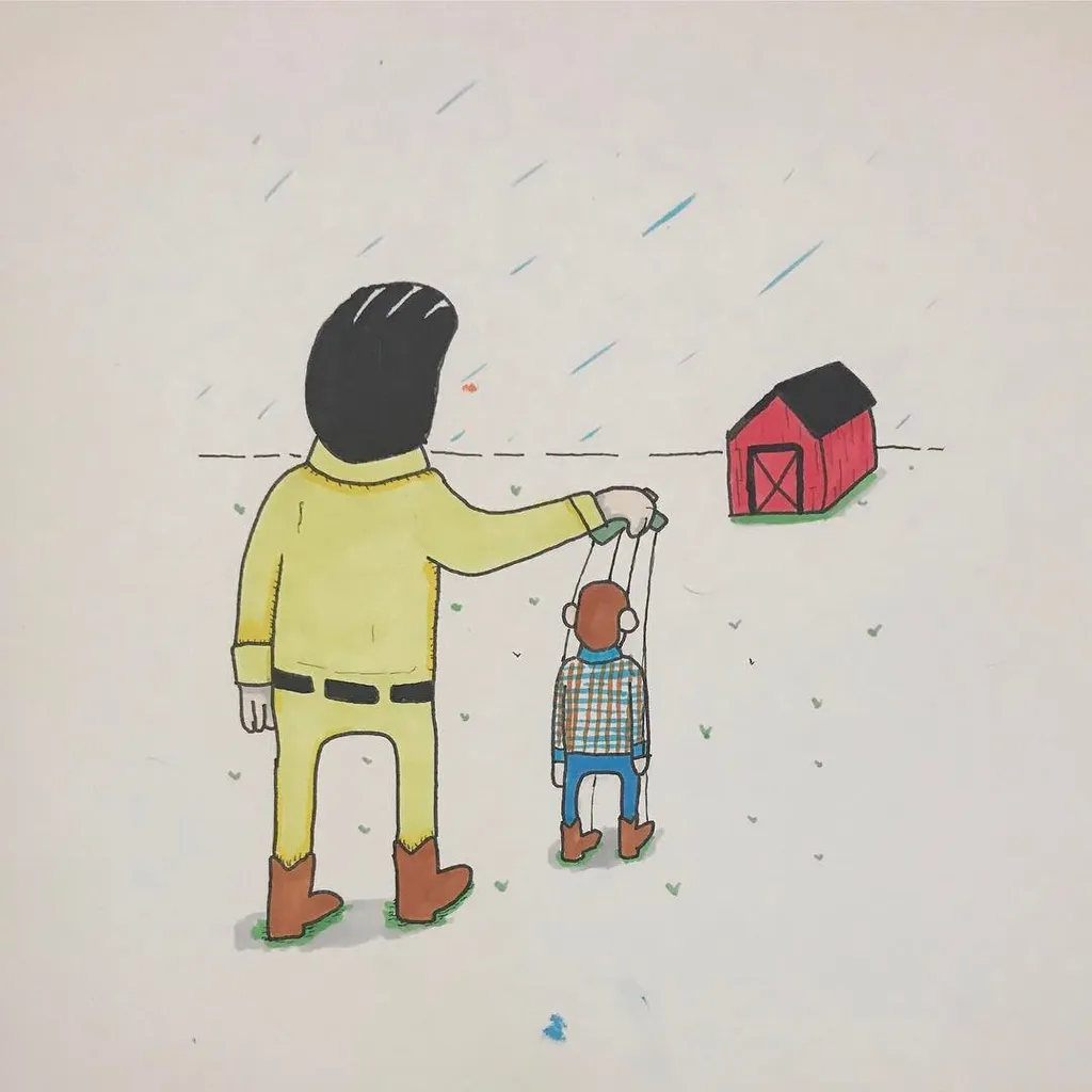 Two figures, one large in yellow and one small in blue, stand in the foreground near a red barn, with faint blue diagonal lines suggesting rain across the composition.