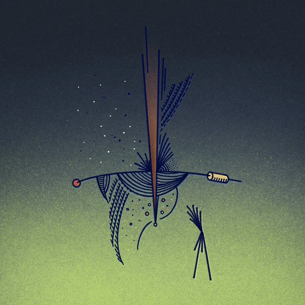 Abstract black line drawing on a dark teal background, centered around a vertical beam intersecting a horizontal form with red and yellow accents and scattered geometric marks.