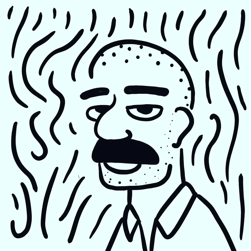 A stylized black and white portrait of a man with a mustache and speckled skin, surrounded by wavy, radiating lines that emanate from his head.