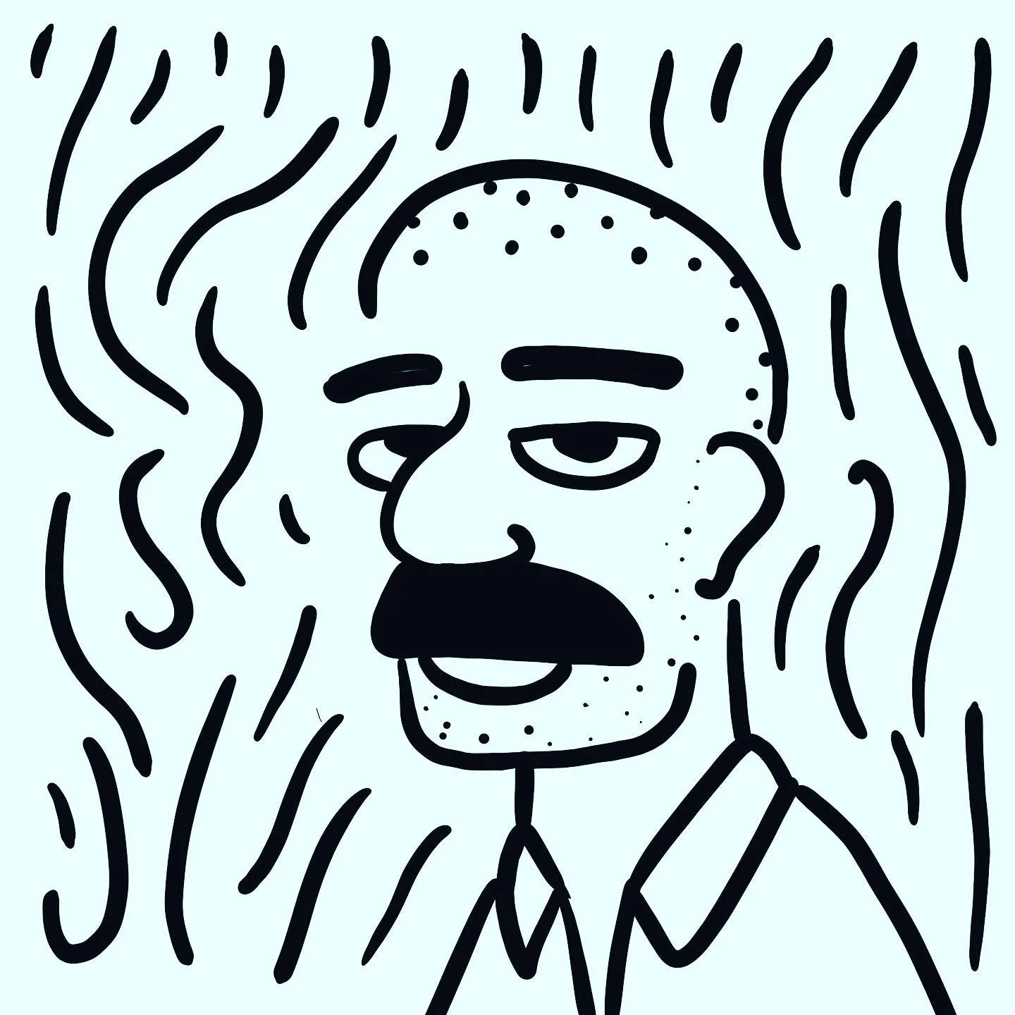 A stylized black and white portrait of a man with a mustache and speckled skin, surrounded by wavy, radiating lines that emanate from his head.
