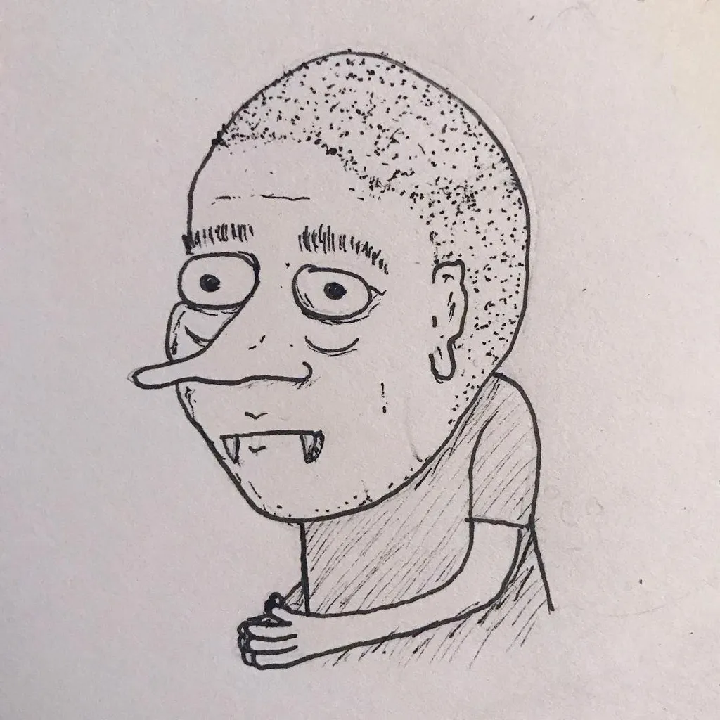 Sketchy black line drawing of a man's head and shoulders featuring a round head, large eyes, a prominent nose, and visible teeth.