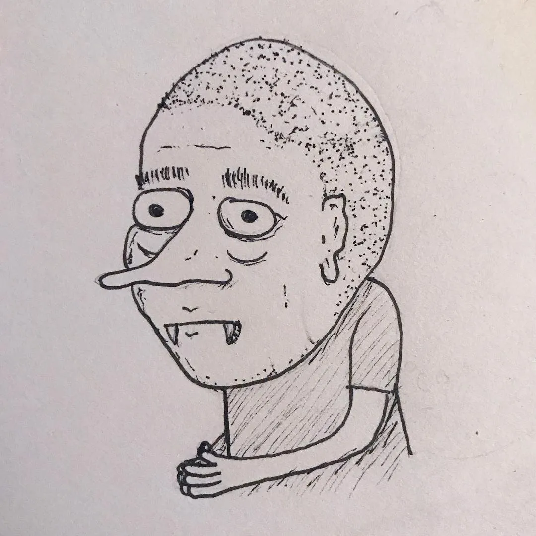 Sketchy black line drawing of a man's head and shoulders featuring a round head, large eyes, a prominent nose, and visible teeth.