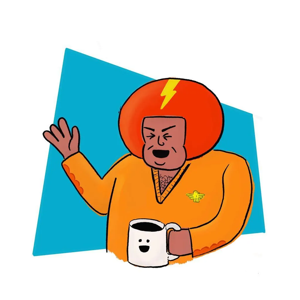 A cartoon man with bright red hair and an orange shirt, featuring a green emblem, waves while standing in front of a blue background and holding a white mug.