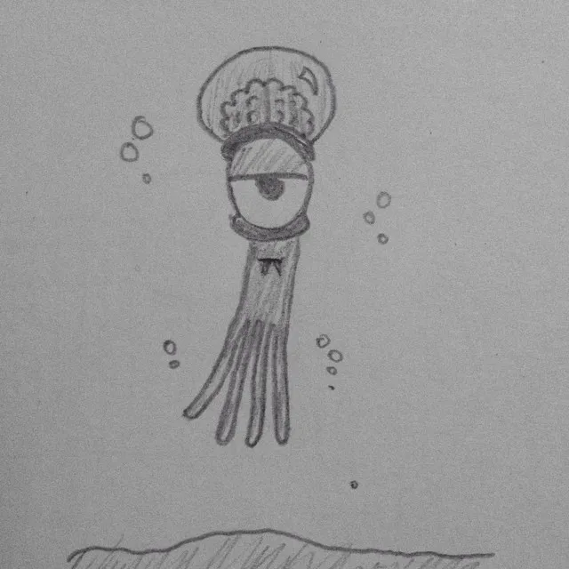 A sketch of a stylized underwater figure with a crowned head and single eye, featuring multiple appendages, surrounded by floating bubbles above a sketched horizontal line.