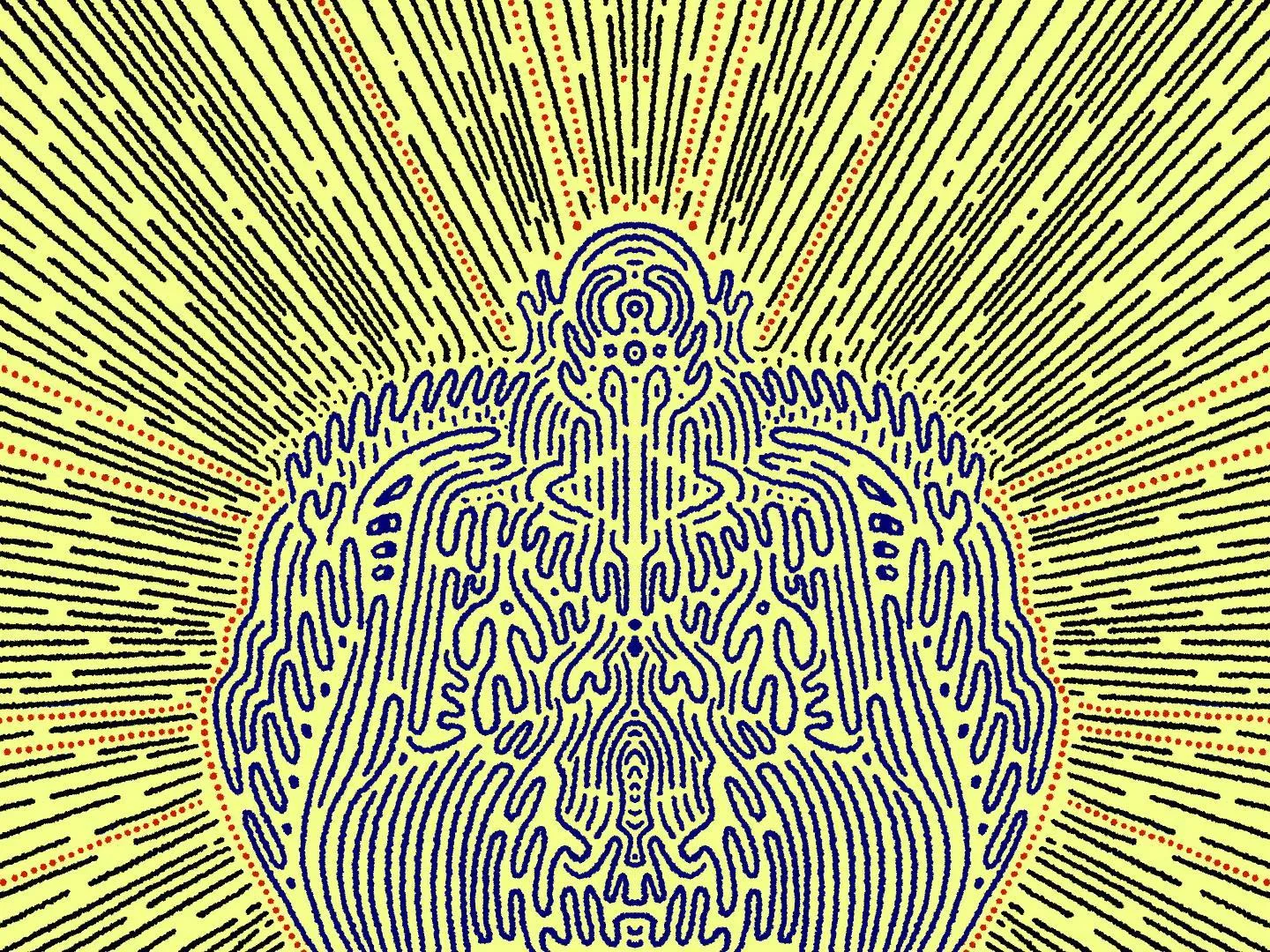 A symmetrical, blue, wavy figure dominates the center, set against a yellow field of radiating yellow lines and red dotted streaks.