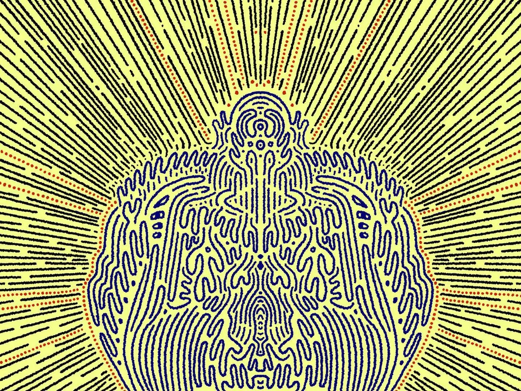 A symmetrical, blue, wavy figure dominates the center, set against a yellow field of radiating yellow lines and red dotted streaks.