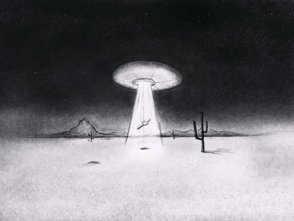 A grayscale sketch depicts a large, glowing saucer hovering above a flat desert floor, casting a beam of light toward saguaro cacti and distant hills under a dark sky.