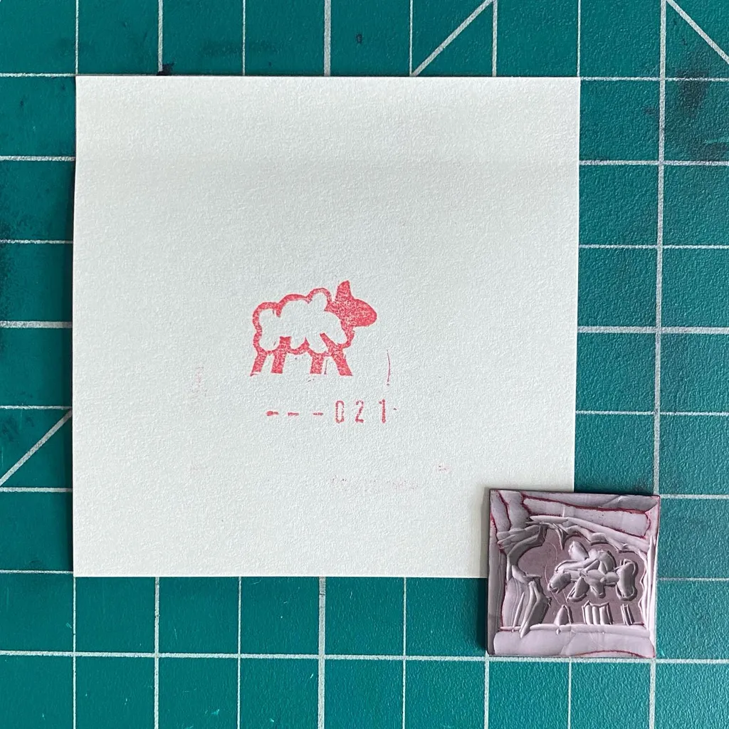 On a teal grid, a white square displays a pink sheep drawing and the numbers --021, positioned above a small, pink, embossed rectangular piece showing a group of figures.