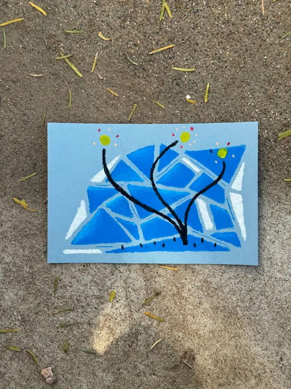 On a light blue background, blue geometric shapes form a stylized structure, intersected by black, curved, branching lines and accented with small yellow and red dots.