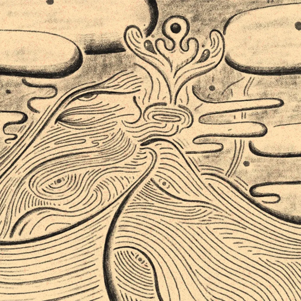 Intricate, linear drawing of a stylized figure with swirling head adornments and a flowing body of wavy lines, set against abstract, rounded shapes in sepia tones.