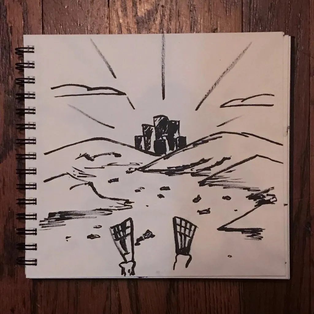 The drawing depicts a desolate landscape with two chairs in the foreground, leading up to rolling hills and a central, blocky structure marked by radiating lines.