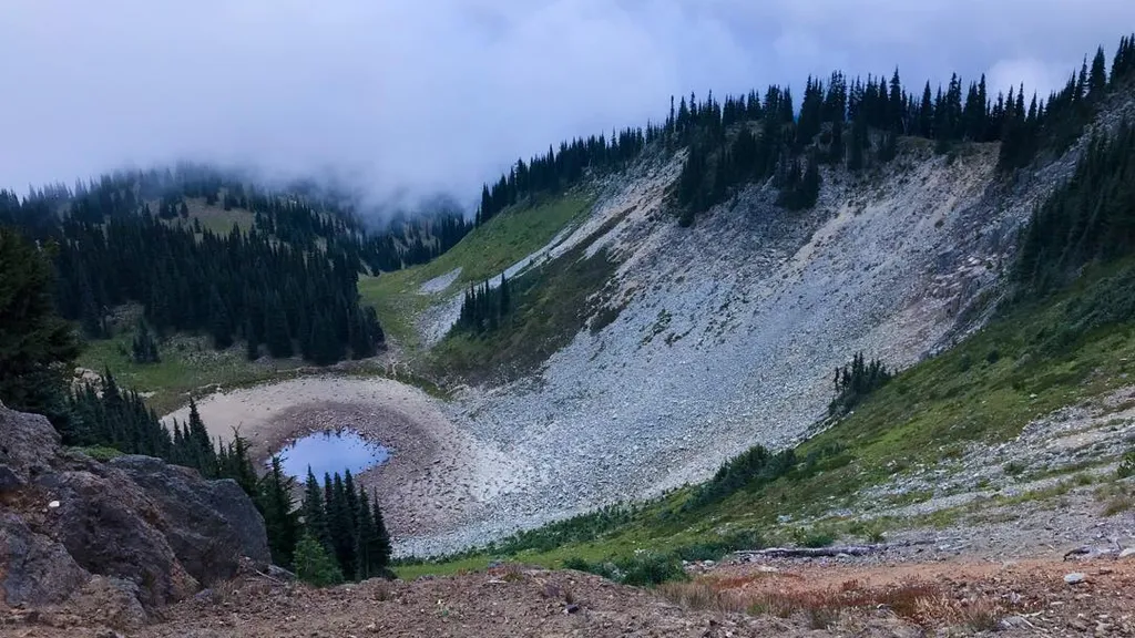 A steep, pale scree slope descends into a small pond, framed by dark green conifer forests and rough brown rocks in the foreground under low gray clouds.