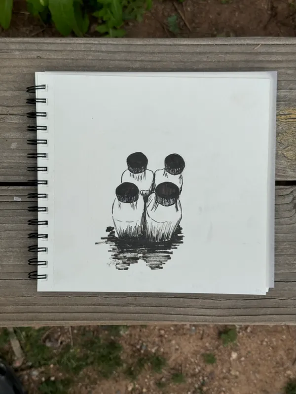 Three stylized figures with round heads stand in water, drawn with black ink on white paper.