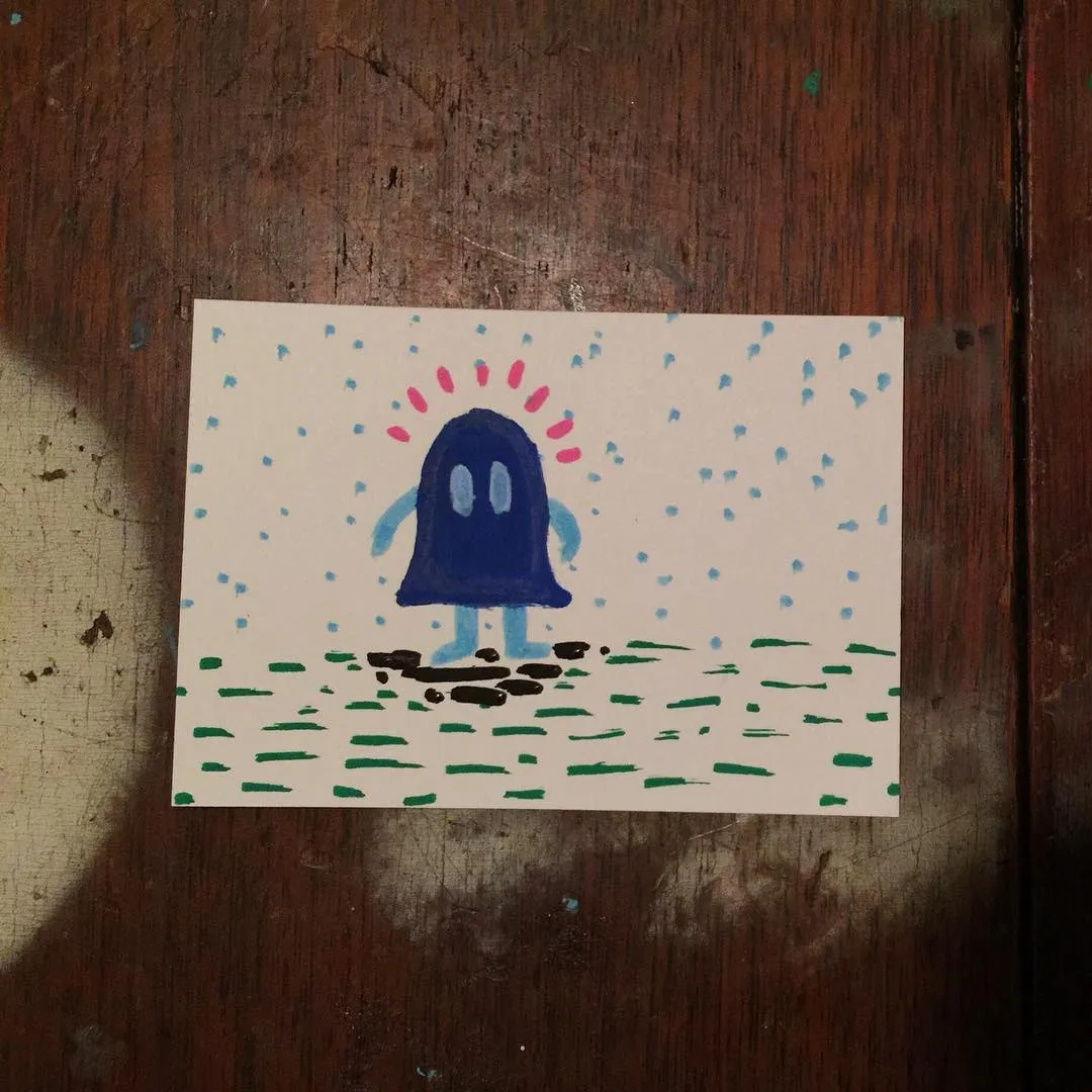 A blue ghost figure with radiating red lines stands on green horizontal lines on light paper, under scattered blue raindrops.