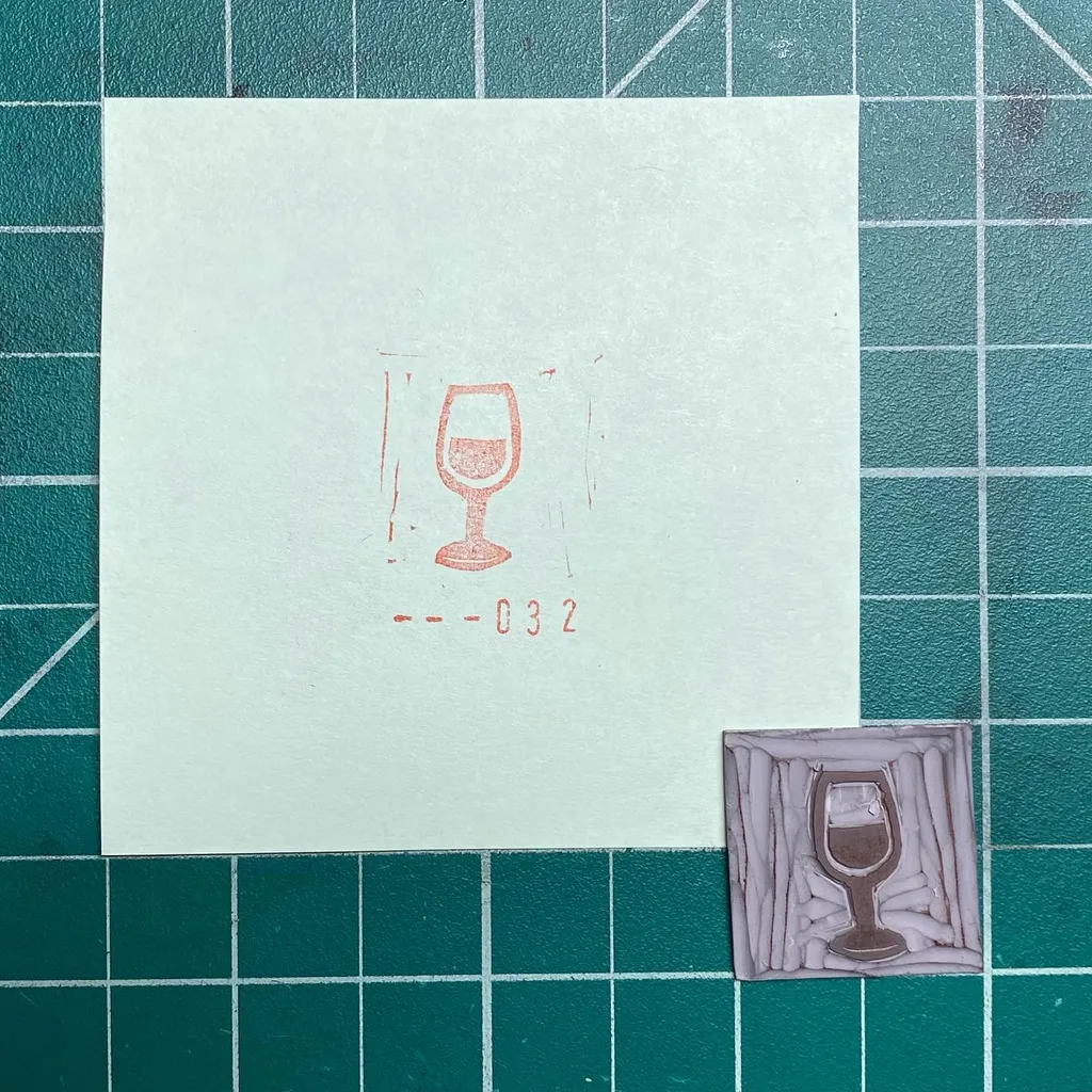 A light square paper on a teal grid displays a red pencil drawing of a wine glass and the code --032, positioned above a small, square, textured piece featuring a sculpted wine glass.