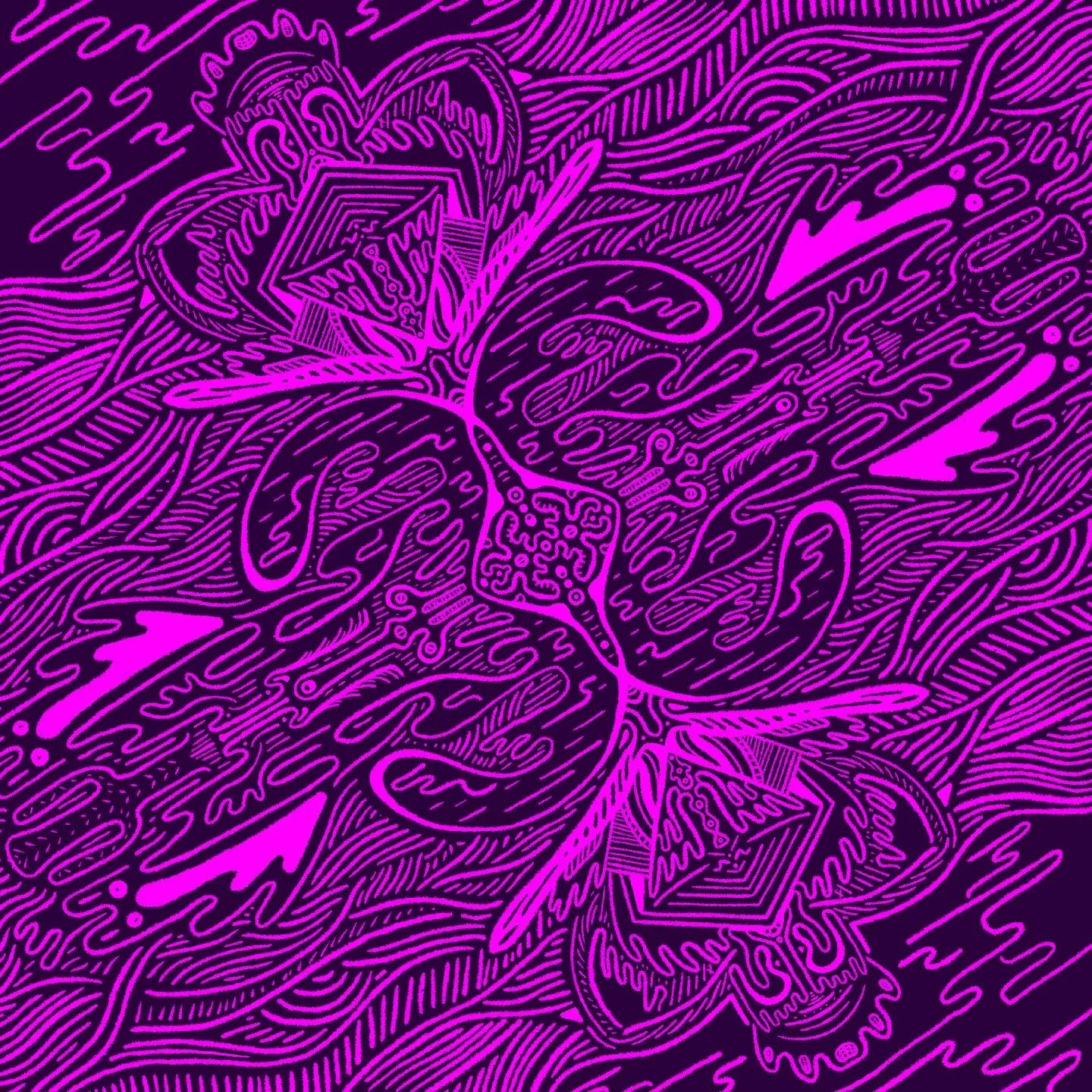 Symmetrical, highly detailed neon pink linework depicts a stylized floral structure over a deep purple background filled with abstract wavy lines.