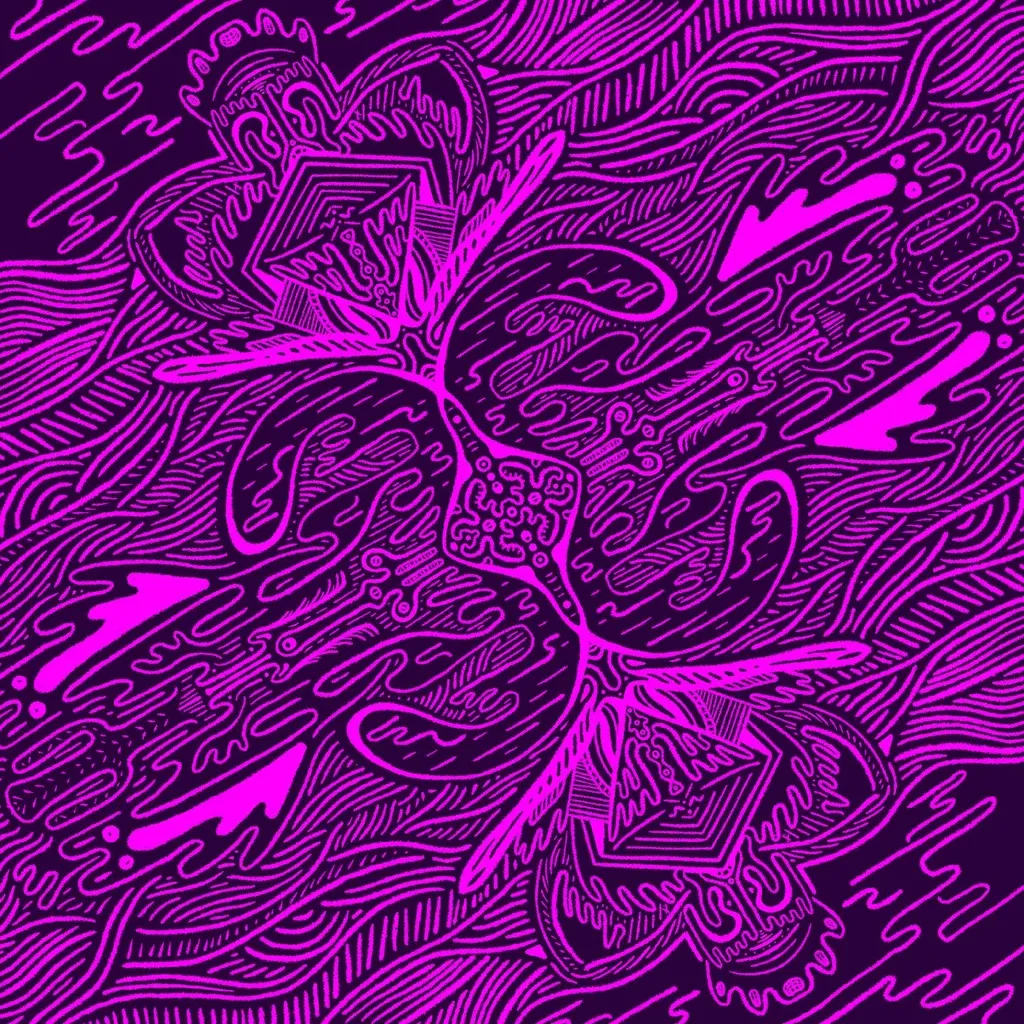 Symmetrical, highly detailed neon pink linework depicts a stylized floral structure over a deep purple background filled with abstract wavy lines.